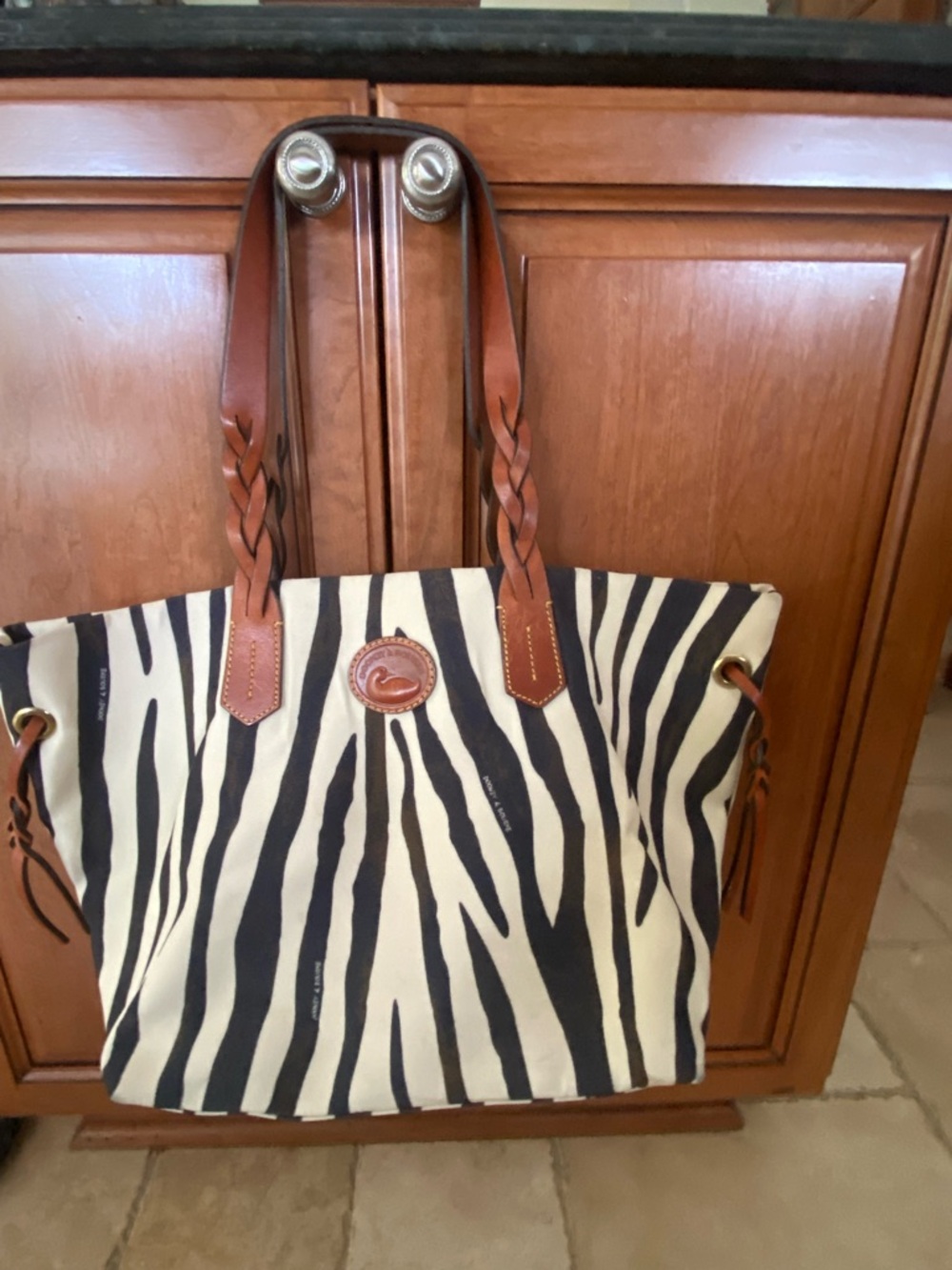 Dooney & Bourke Black and Cream Zebra-Print Tote with Brown Leather Trim